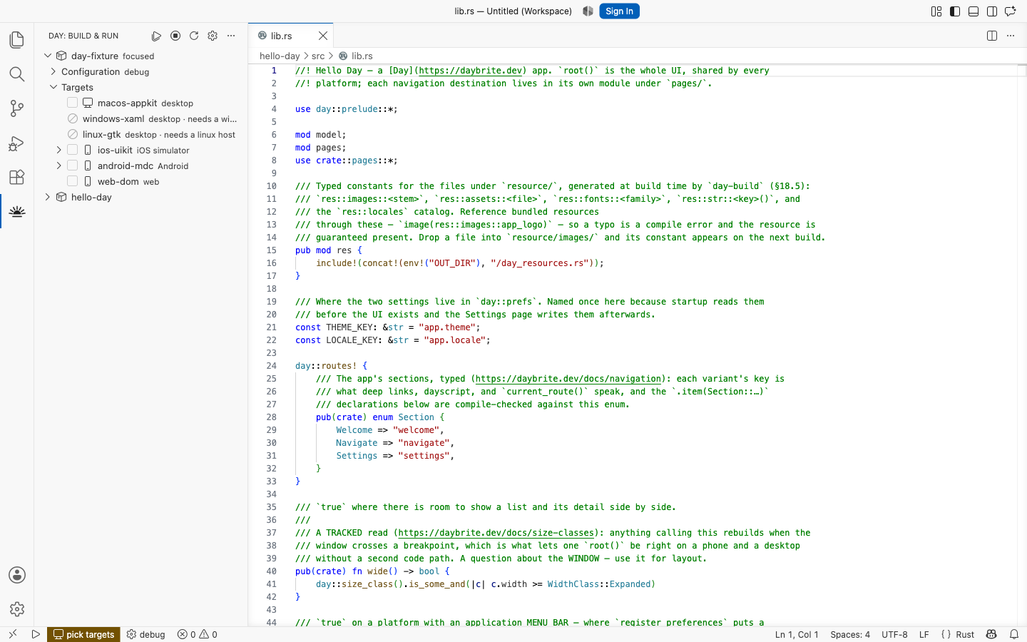 The Day view showing a project, its configuration and its targets