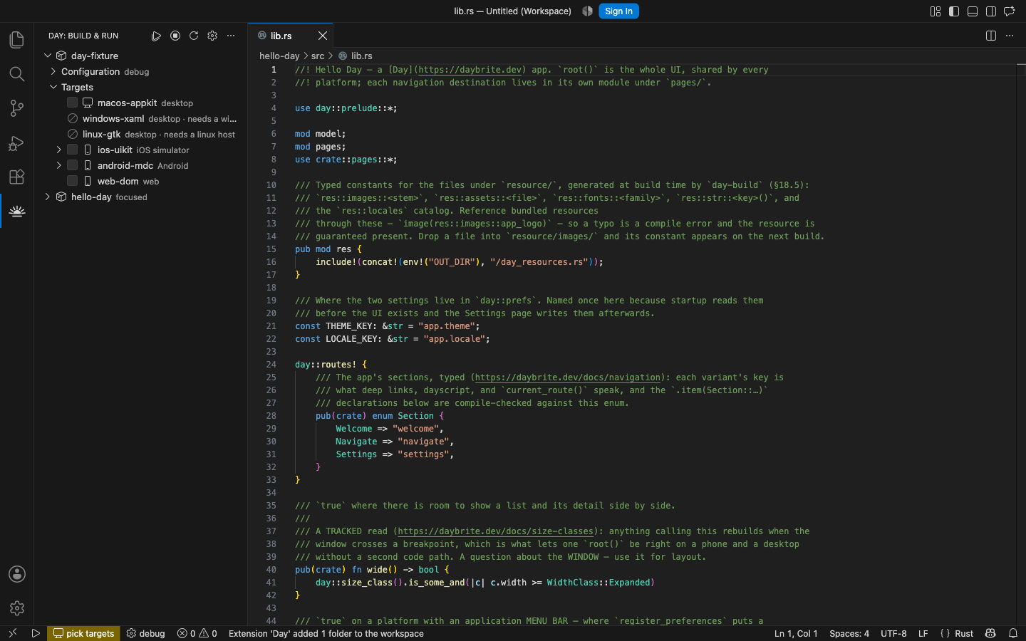 The scaffolded app open in the editor and listed in the Day view