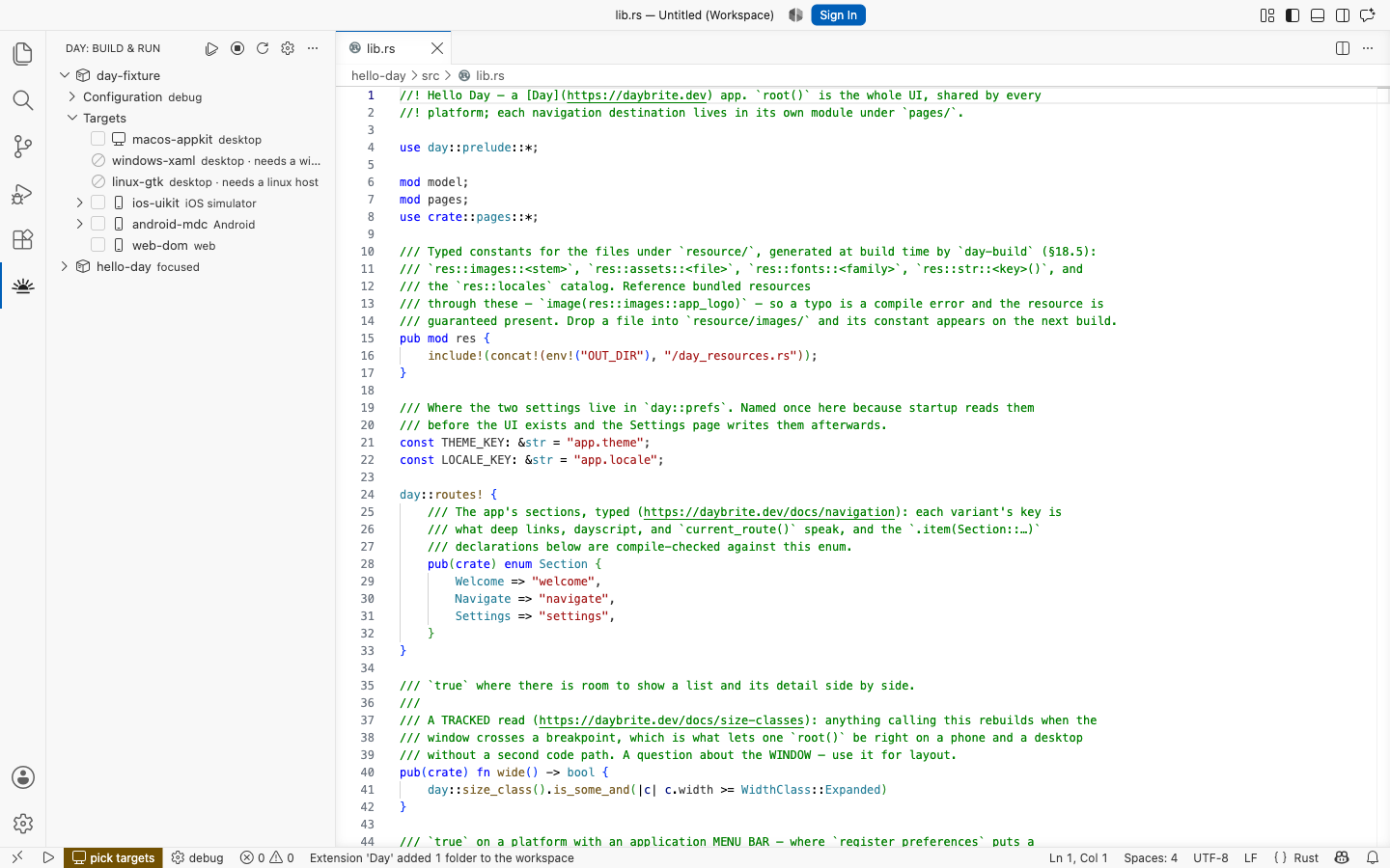 The scaffolded app open in the editor and listed in the Day view