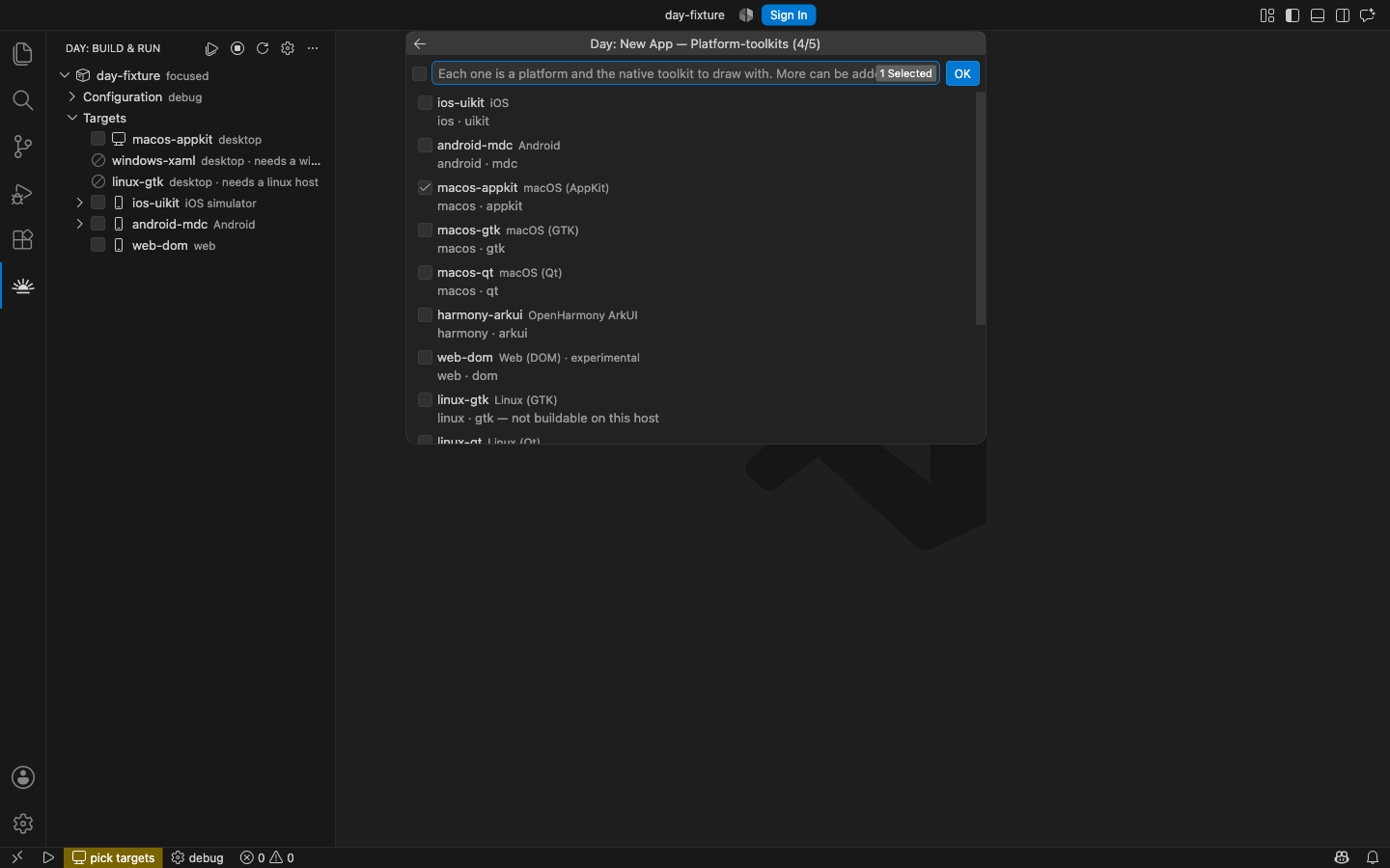 Choosing platform-toolkits, with the host's own target preselected