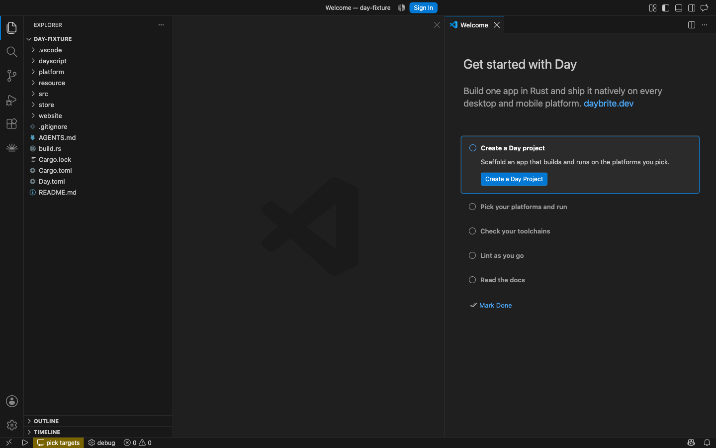 The Get started with Day walkthrough, open in VS Code