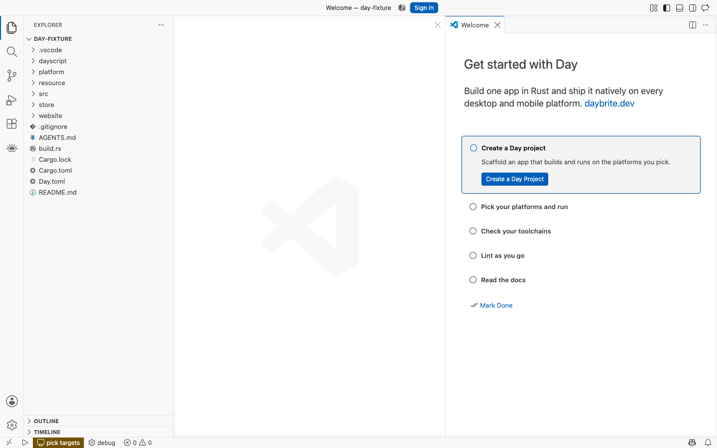 The Get started with Day walkthrough, open in VS Code