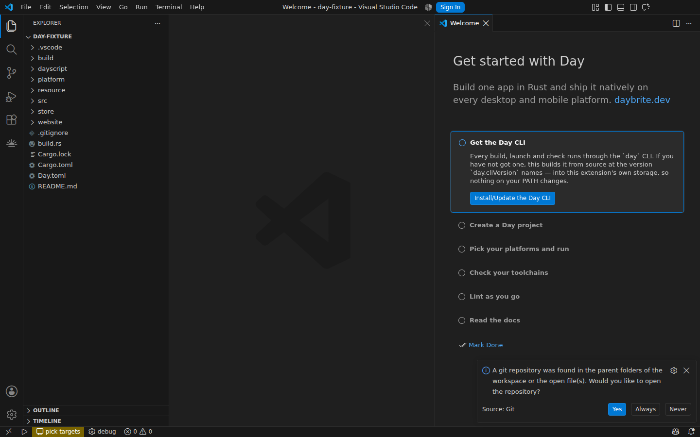 The walkthrough VS Code shows before there is a Day project — Linux, GTK 4