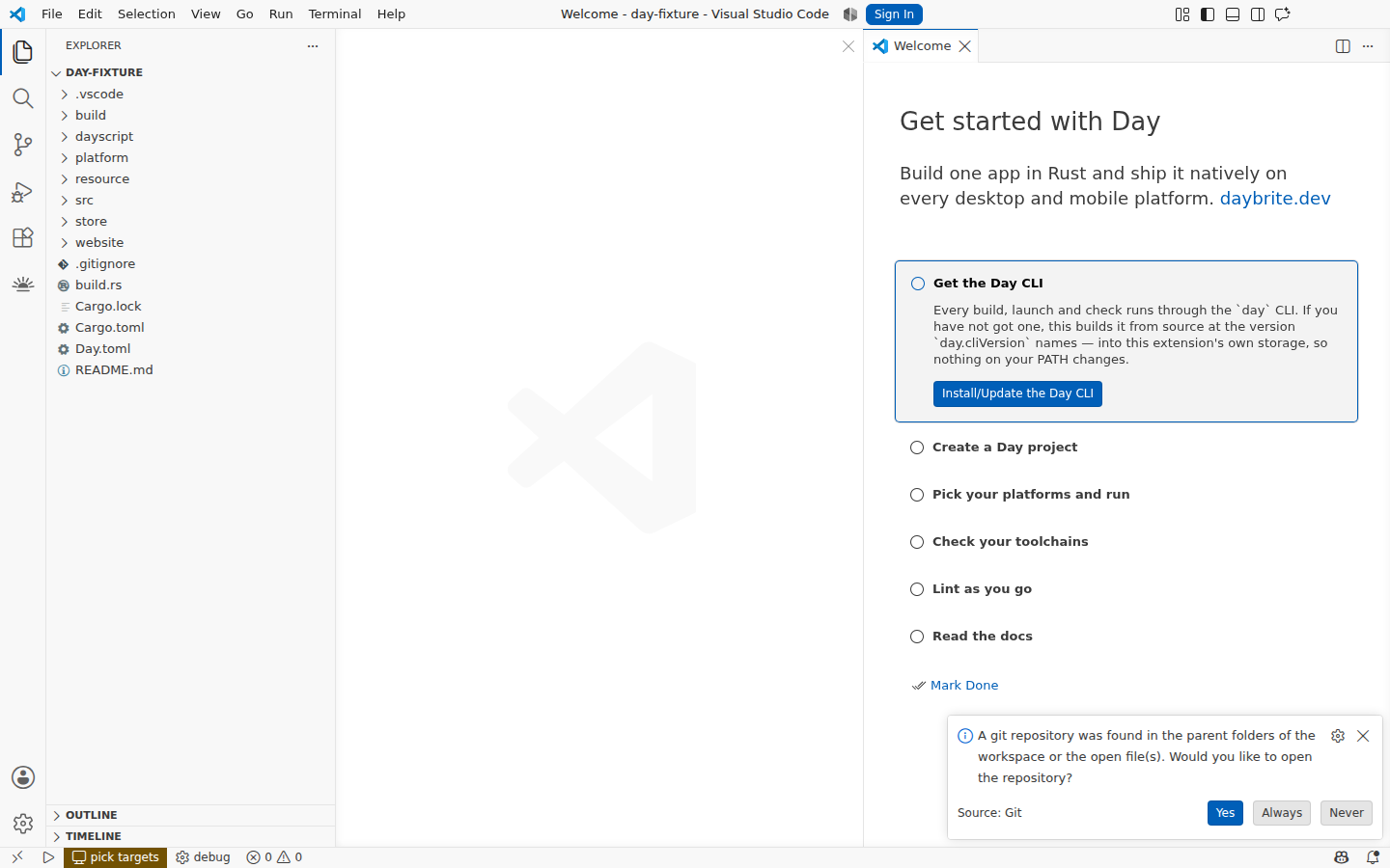 The walkthrough VS Code shows before there is a Day project — Linux, GTK 4