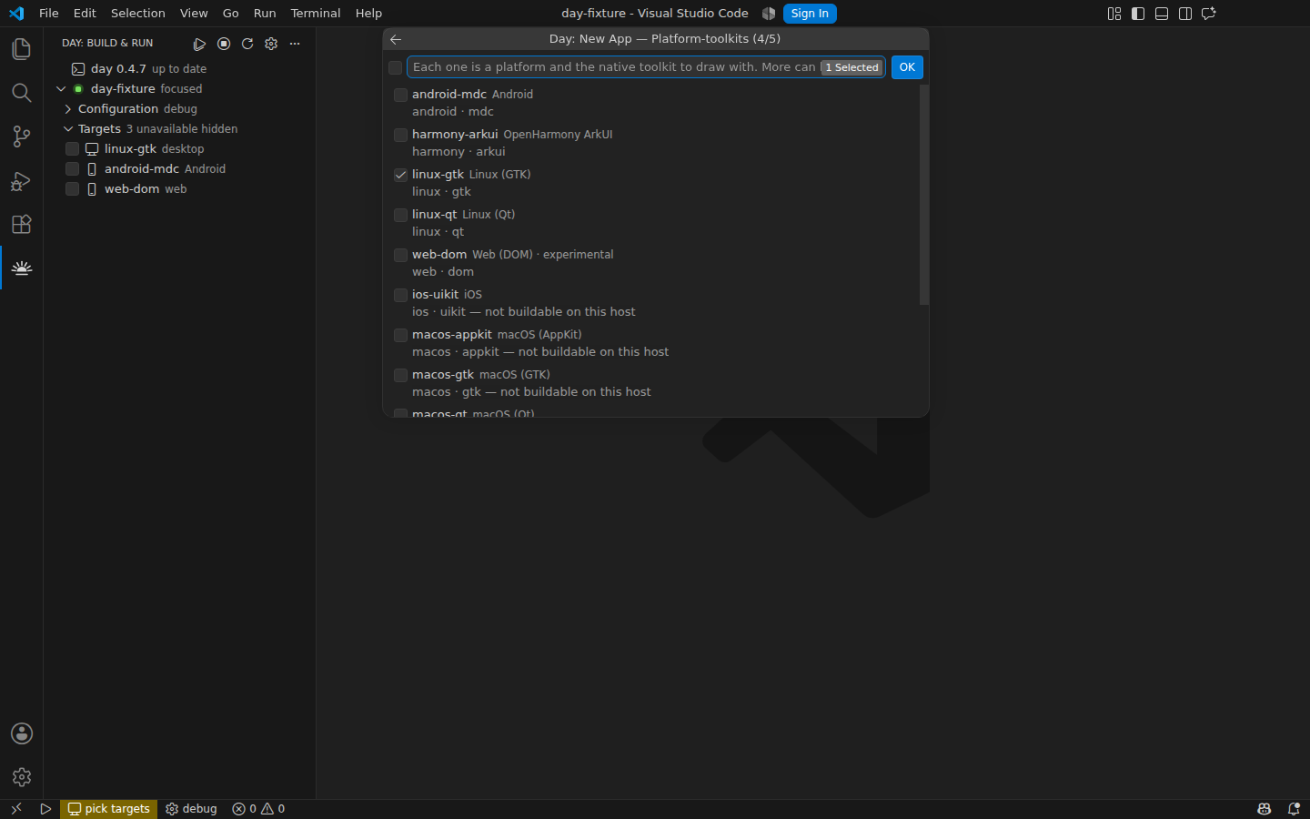 Choosing the platforms to ship on — linux-gtk is preselected as this host's own — Linux, GTK 4