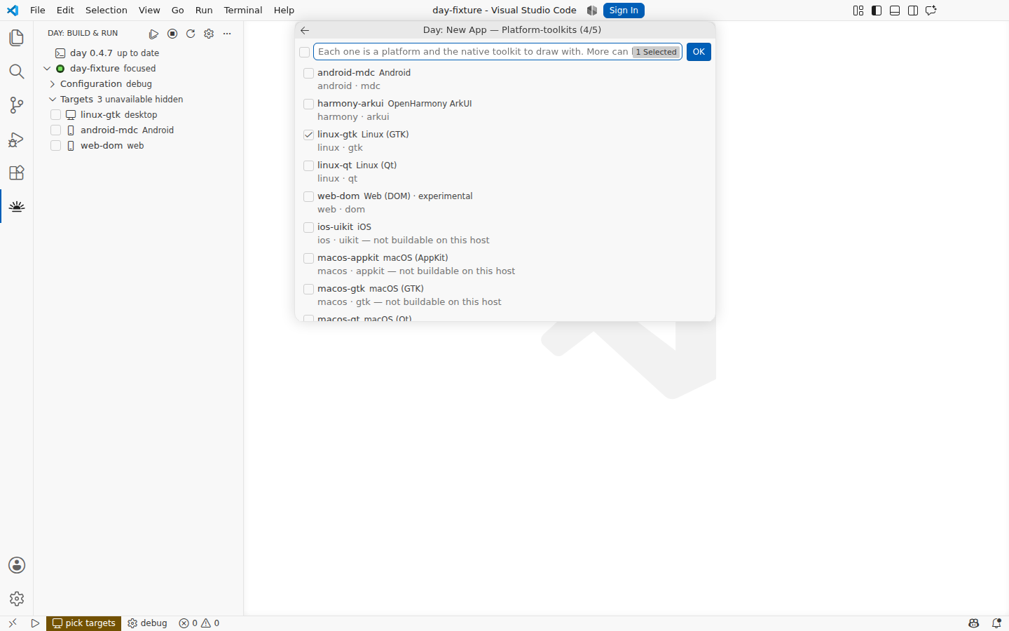 Choosing the platforms to ship on — linux-gtk is preselected as this host's own — Linux, GTK 4