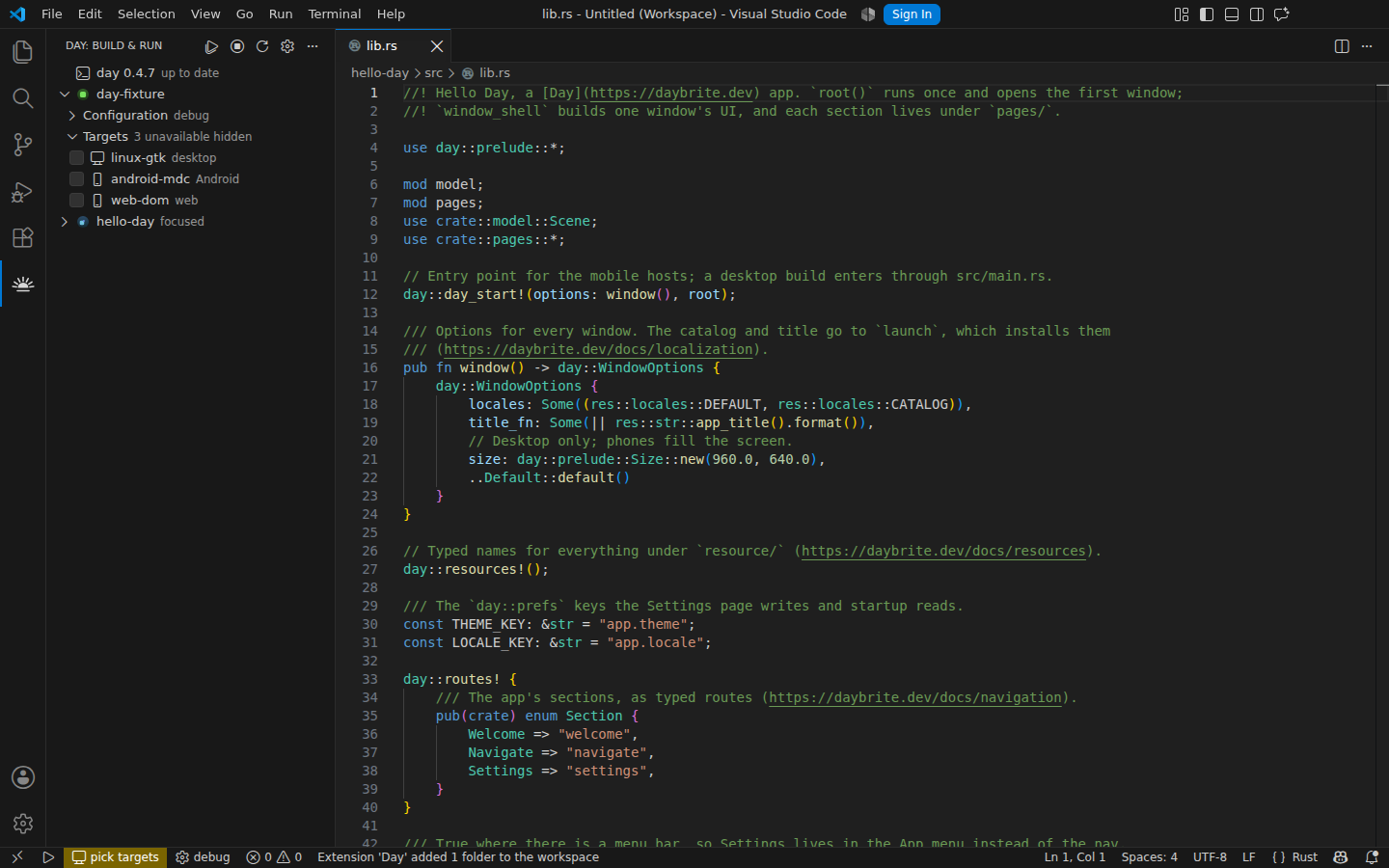 The scaffolded app open in the editor, listed in the Day view beside the one already there — Linux, GTK 4