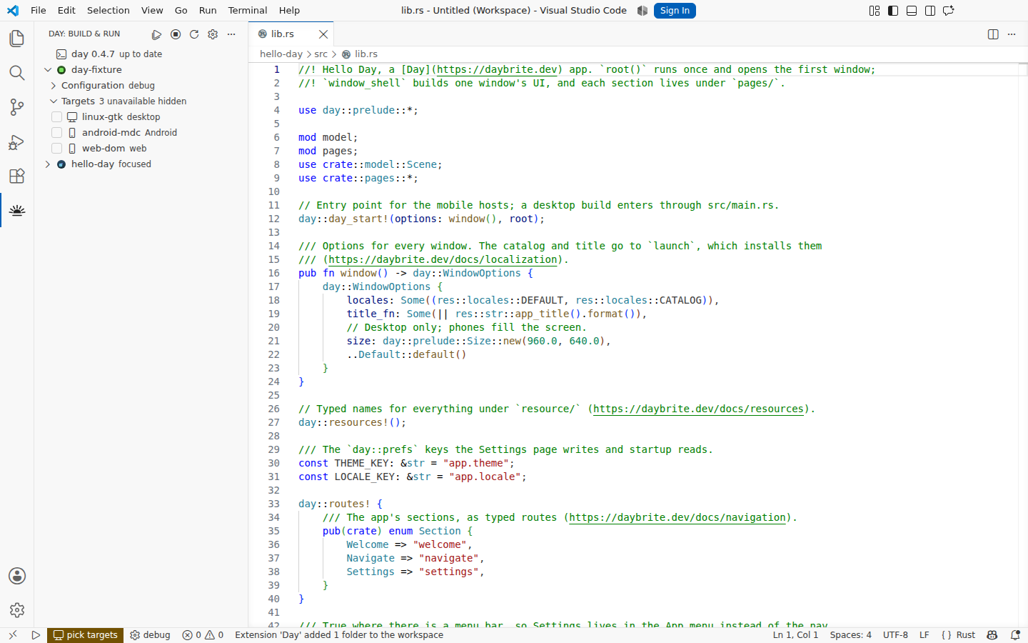 The scaffolded app open in the editor, listed in the Day view beside the one already there — Linux, GTK 4