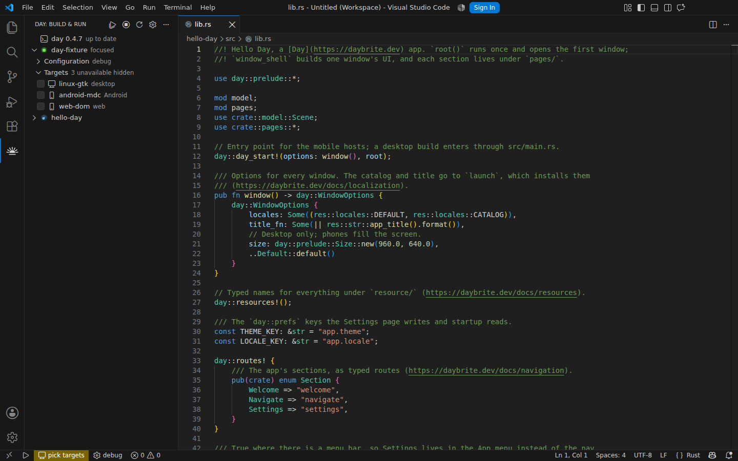 The Day view: project, build mode, and every target in Day.toml — Linux, GTK 4