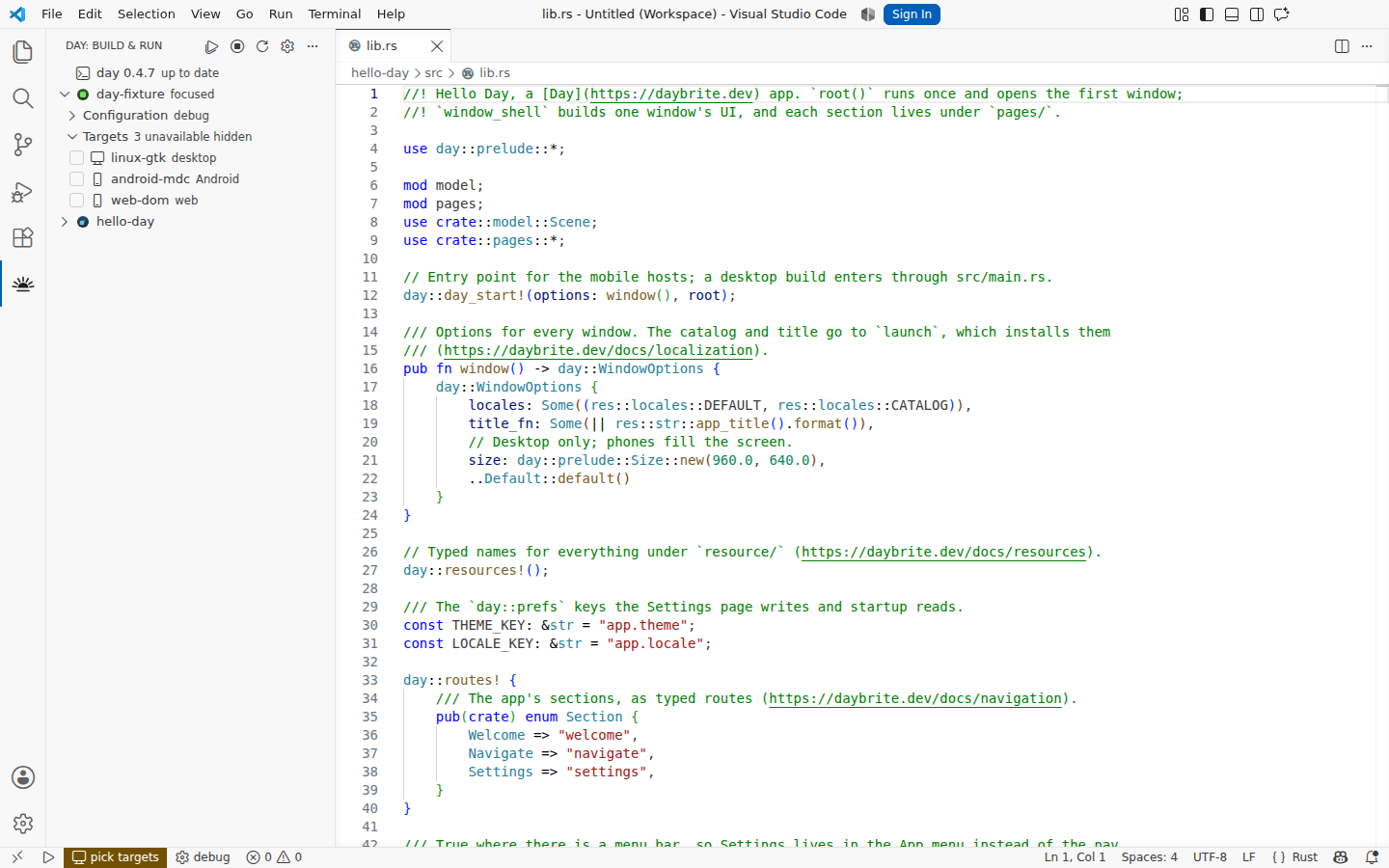 The Day view: project, build mode, and every target in Day.toml — Linux, GTK 4
