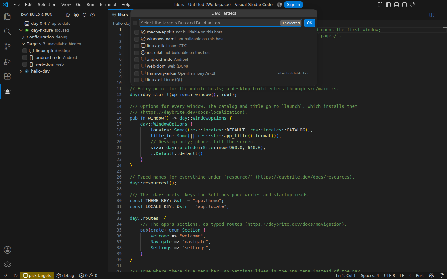Picking which targets Run and Build act on — Linux, GTK 4