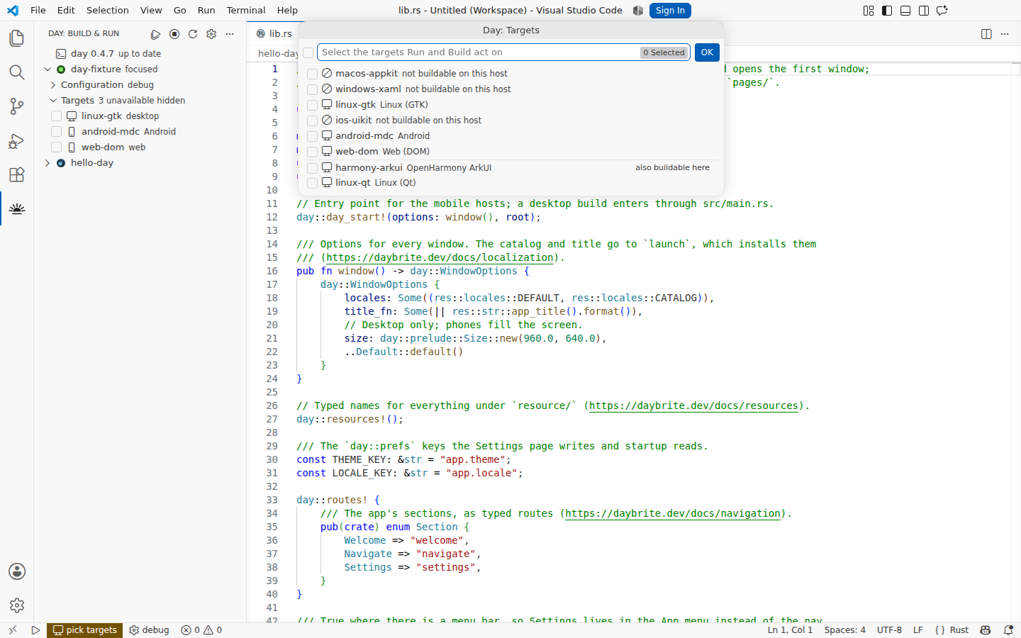 Picking which targets Run and Build act on — Linux, GTK 4