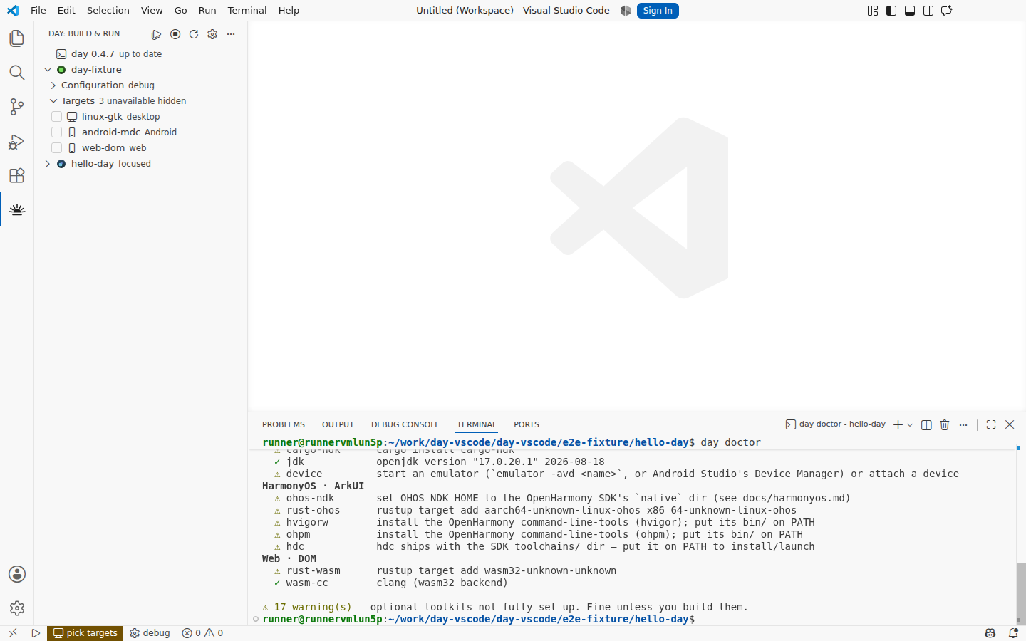 day doctor reporting this host's toolchains (linux) — Linux, GTK 4