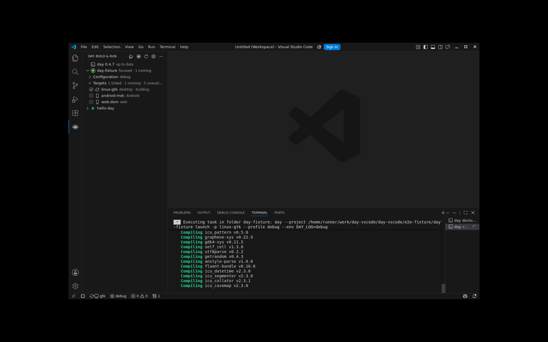 The Day app running beside the editor that launched it (linux-gtk) — Linux, GTK 4
