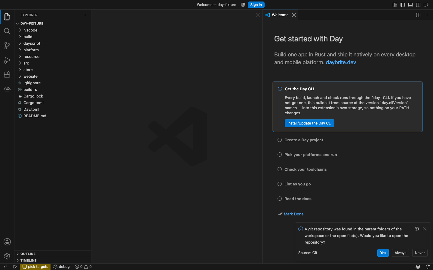 The walkthrough VS Code shows before there is a Day project — macOS, AppKit