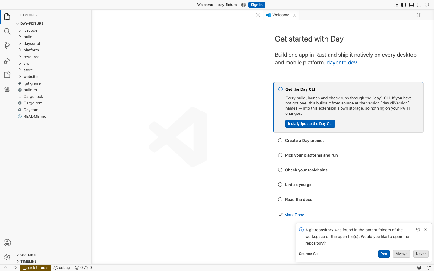 The walkthrough VS Code shows before there is a Day project — macOS, AppKit