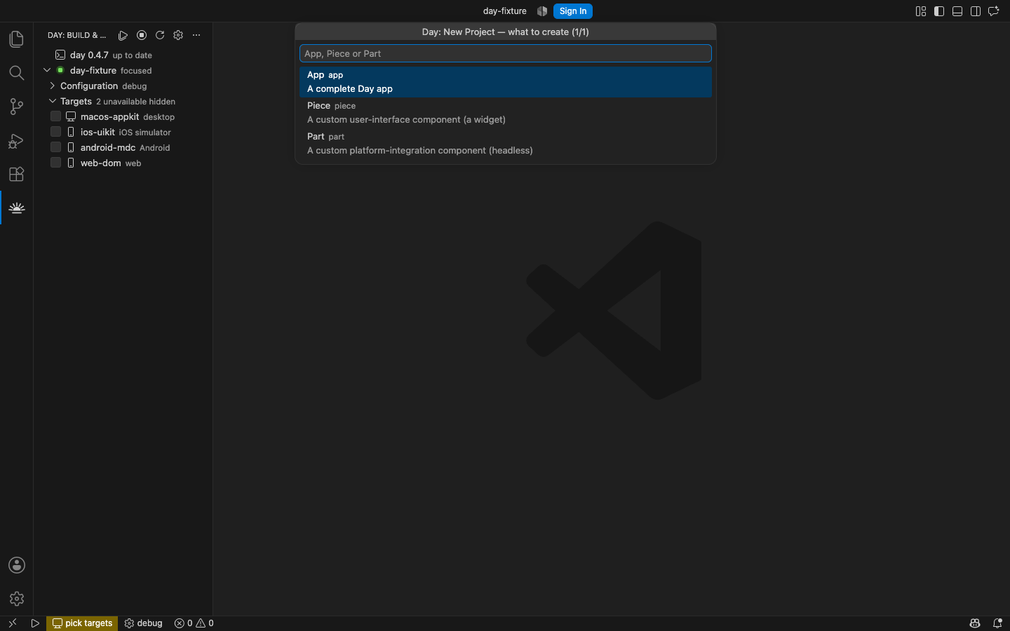 New Project: an app, a piece, or a part — macOS, AppKit