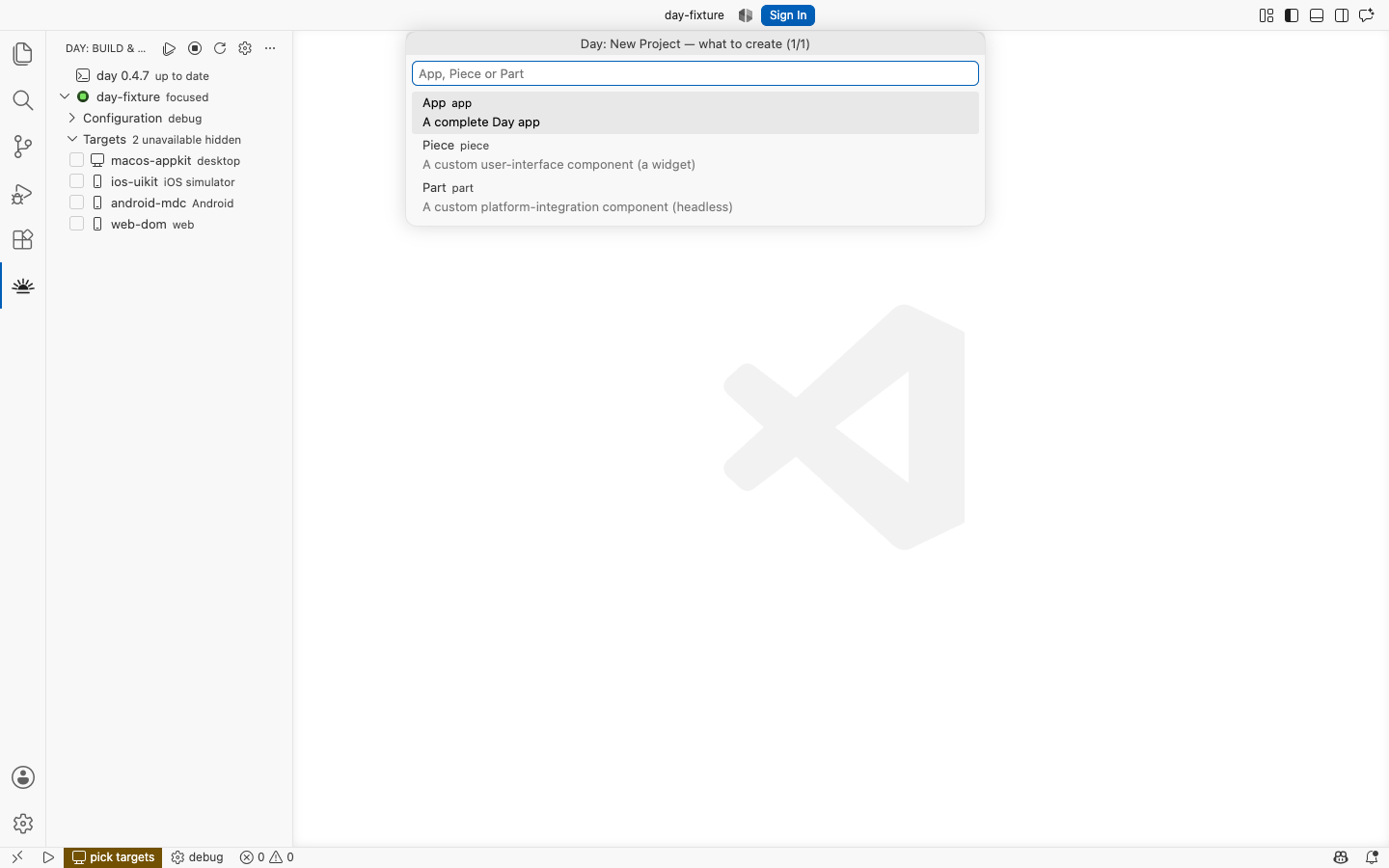 New Project: an app, a piece, or a part — macOS, AppKit