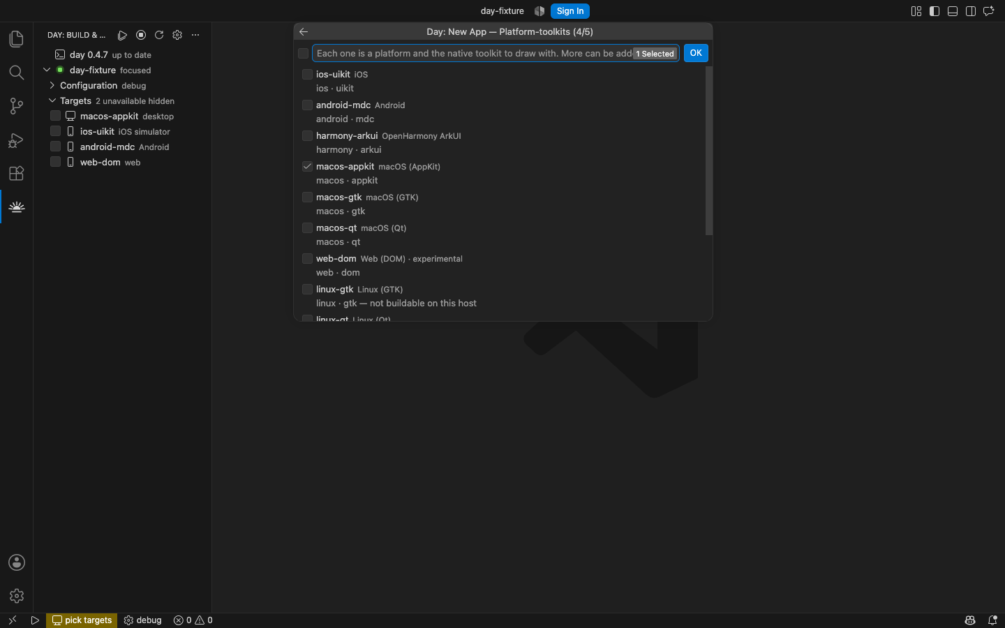 Choosing the platforms to ship on — macos-appkit is preselected as this host's own — macOS, AppKit