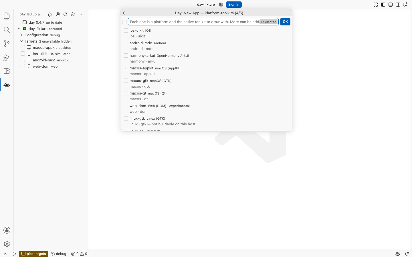 Choosing the platforms to ship on — macos-appkit is preselected as this host's own — macOS, AppKit