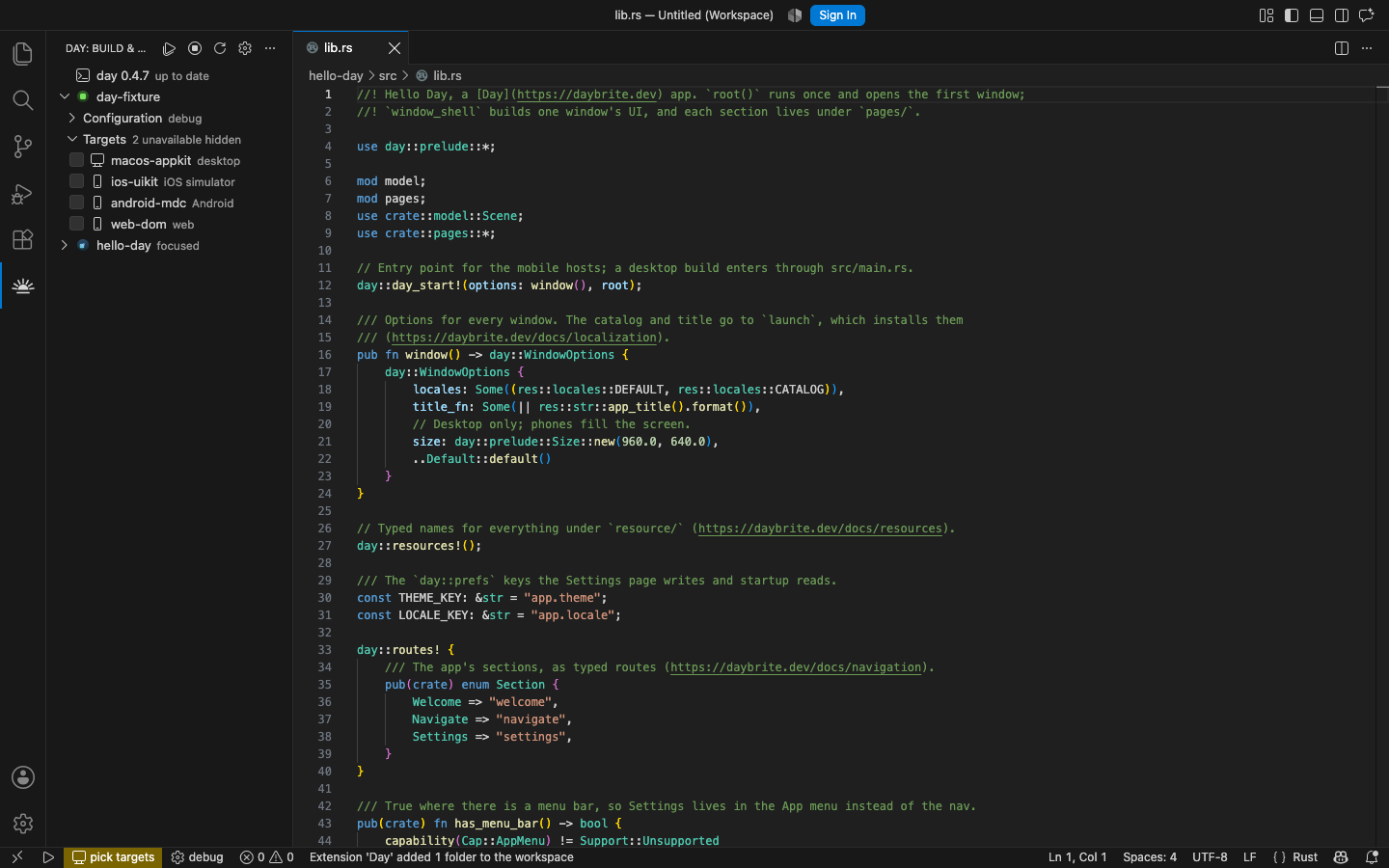The scaffolded app open in the editor, listed in the Day view beside the one already there — macOS, AppKit
