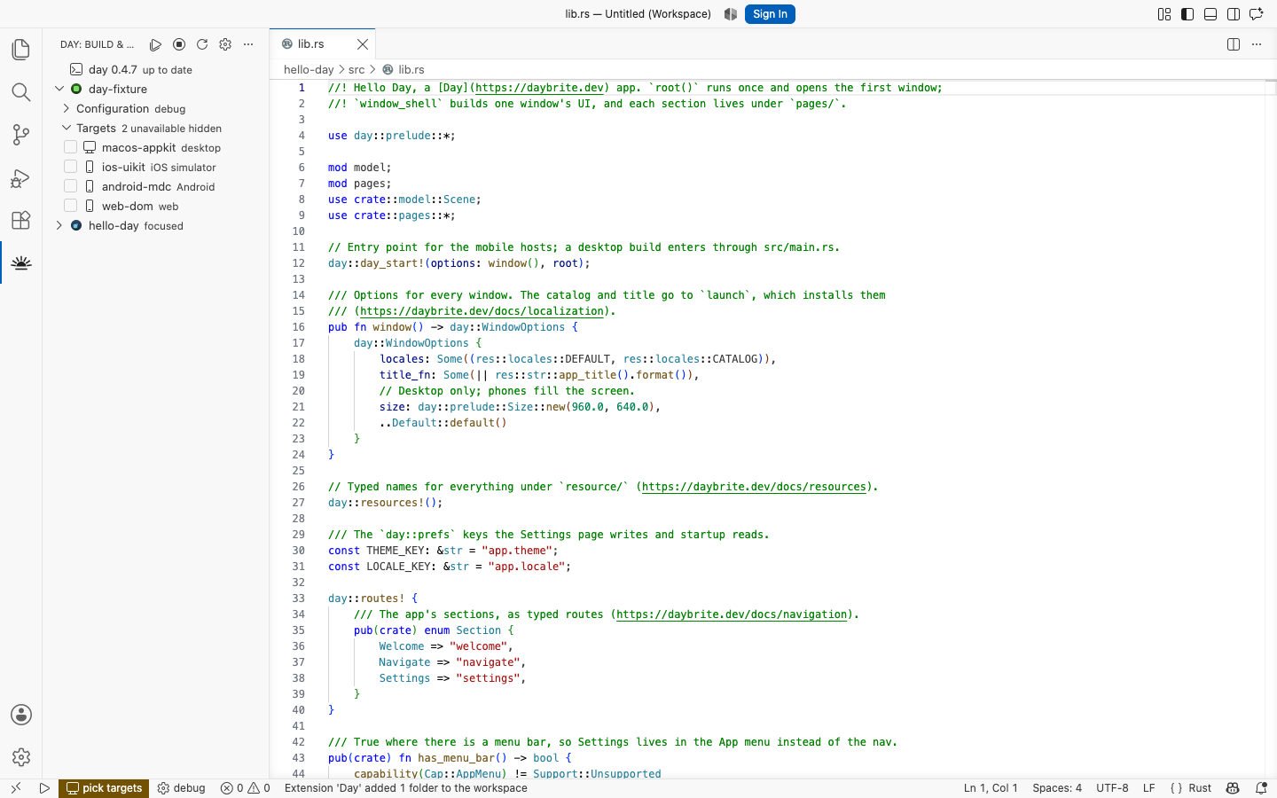 The scaffolded app open in the editor, listed in the Day view beside the one already there — macOS, AppKit