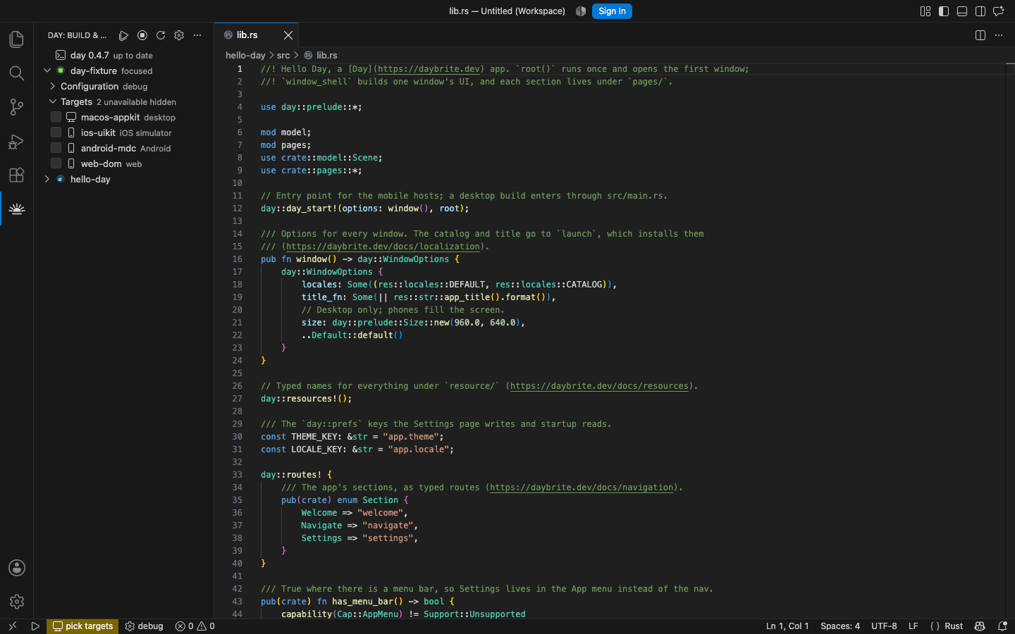 The Day view: project, build mode, and every target in Day.toml — macOS, AppKit
