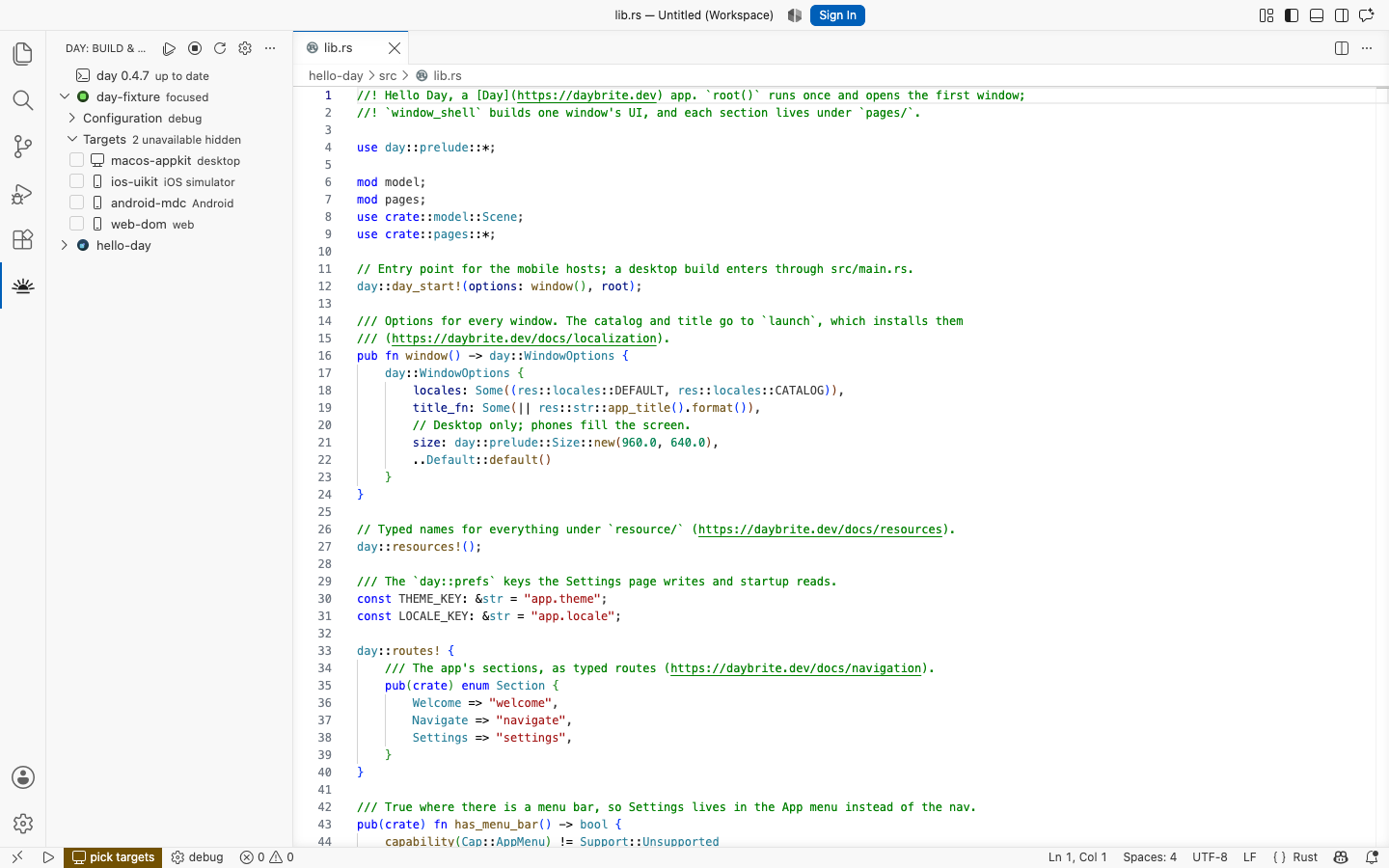 The Day view: project, build mode, and every target in Day.toml — macOS, AppKit