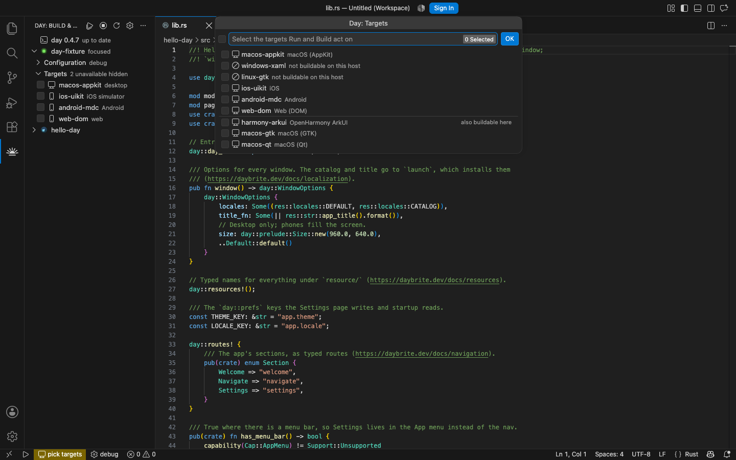 Picking which targets Run and Build act on — macOS, AppKit