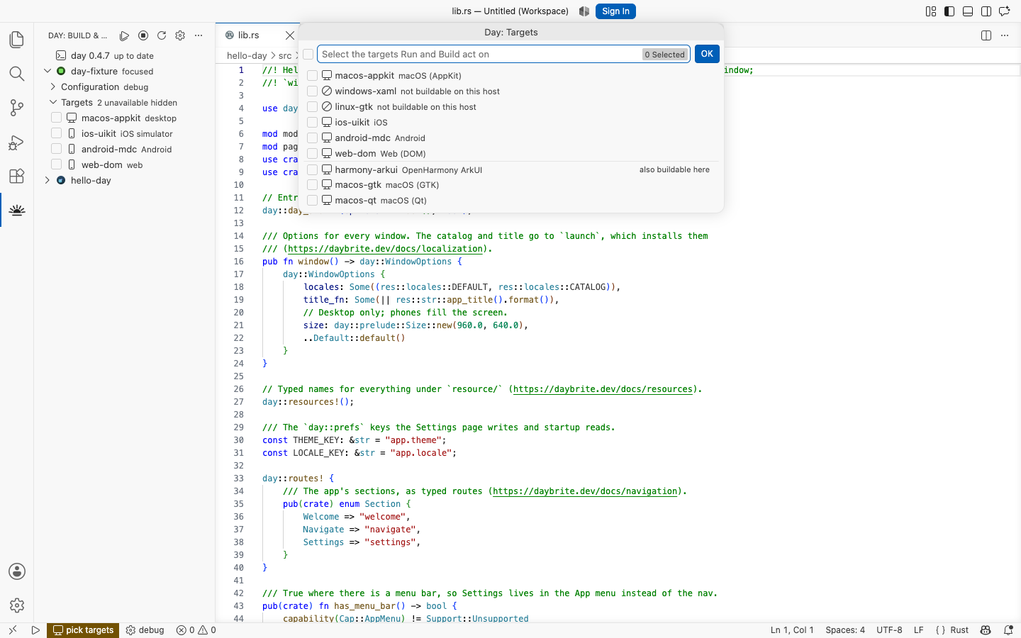 Picking which targets Run and Build act on — macOS, AppKit