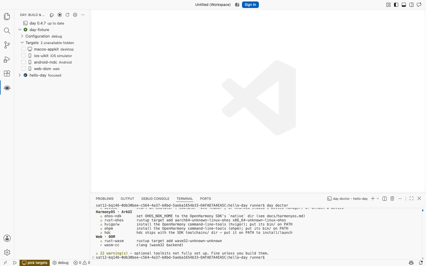 day doctor reporting this host's toolchains (darwin) — macOS, AppKit