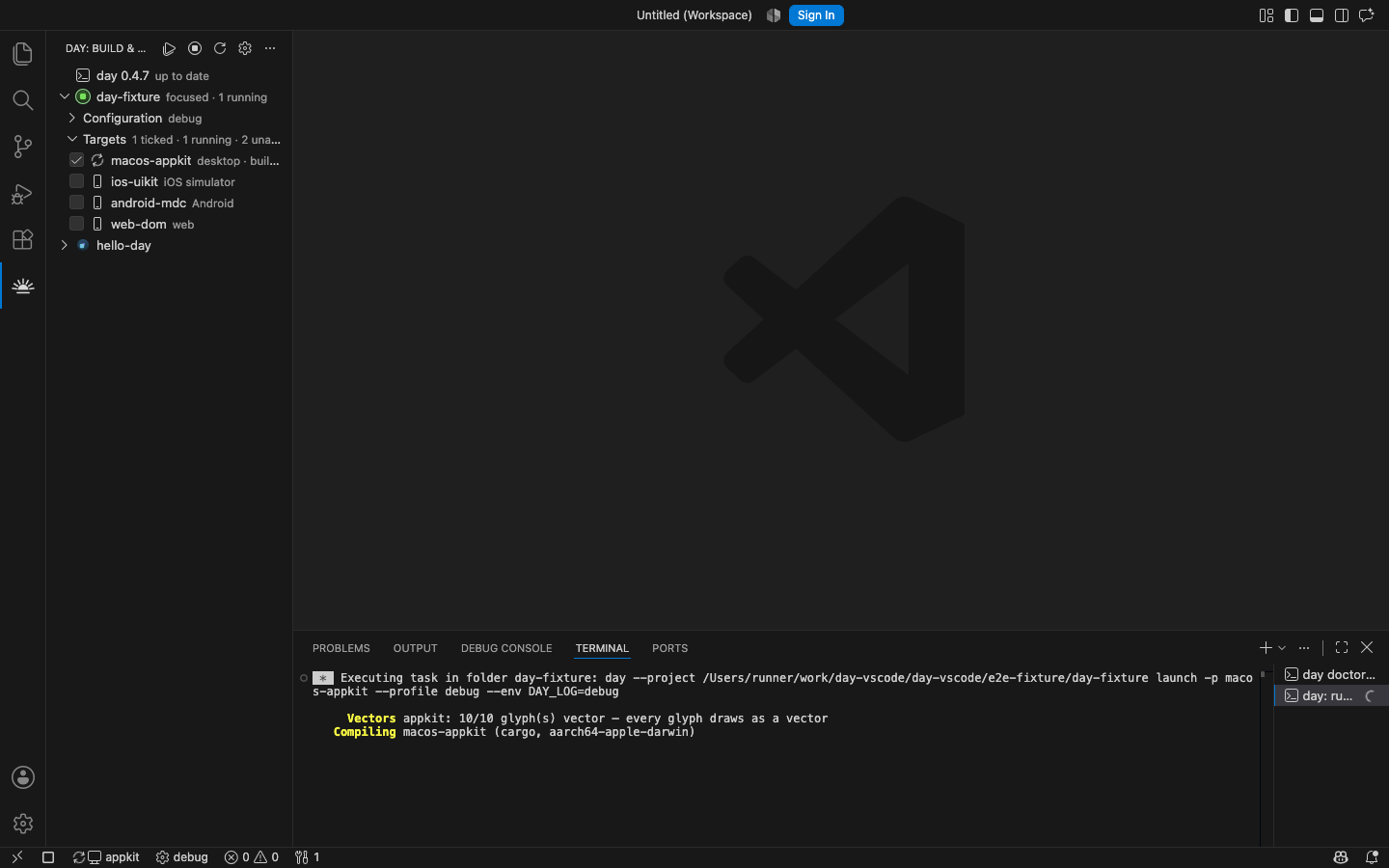 macos-appkit running: the cockpit tracks the live process — macOS, AppKit