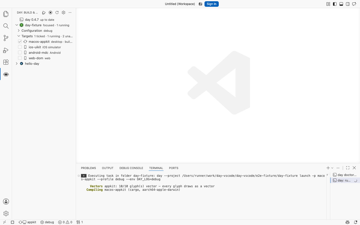 macos-appkit running: the cockpit tracks the live process — macOS, AppKit