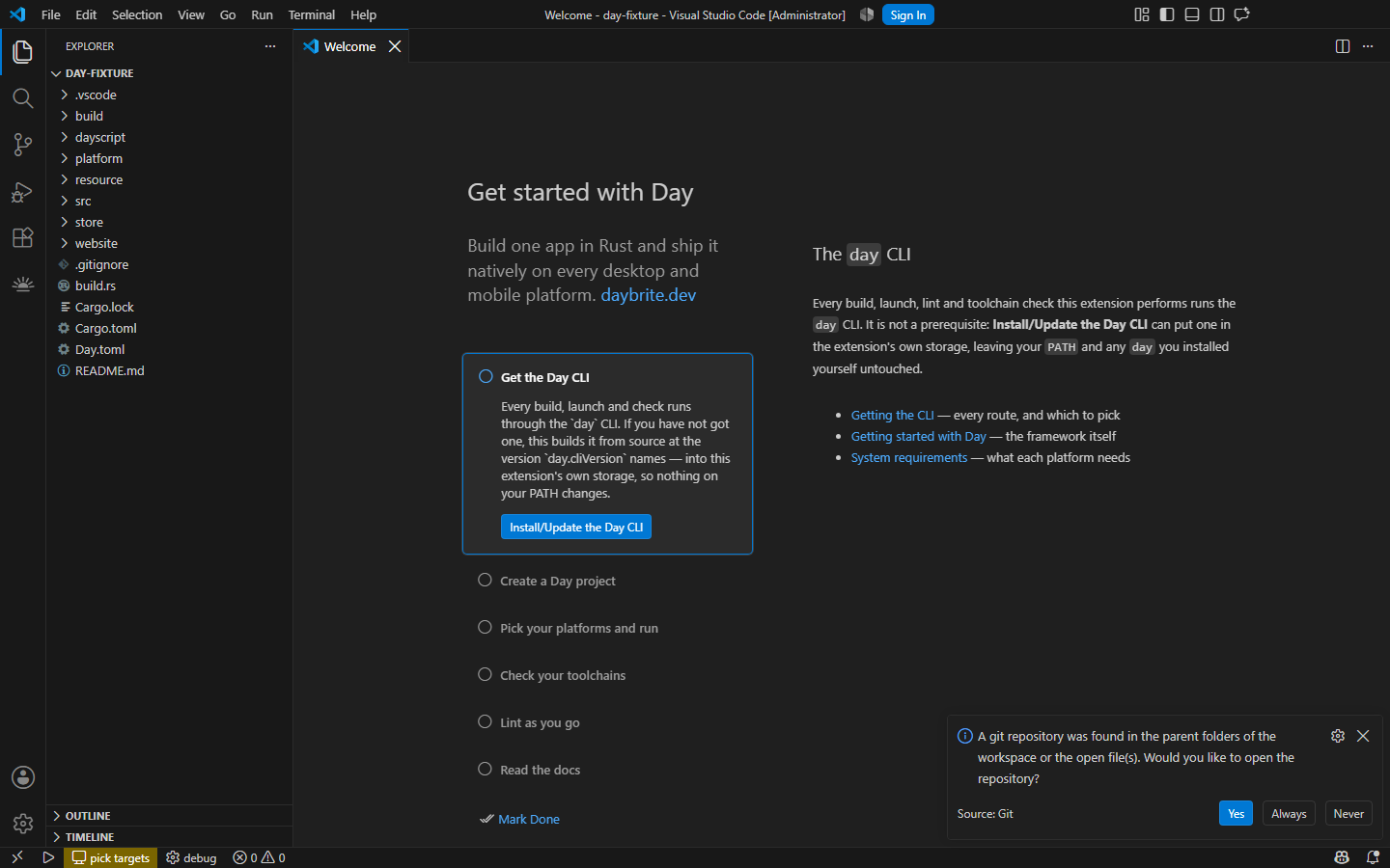 The walkthrough VS Code shows before there is a Day project — Windows, XAML