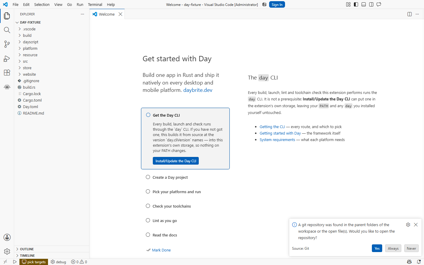 The walkthrough VS Code shows before there is a Day project — Windows, XAML