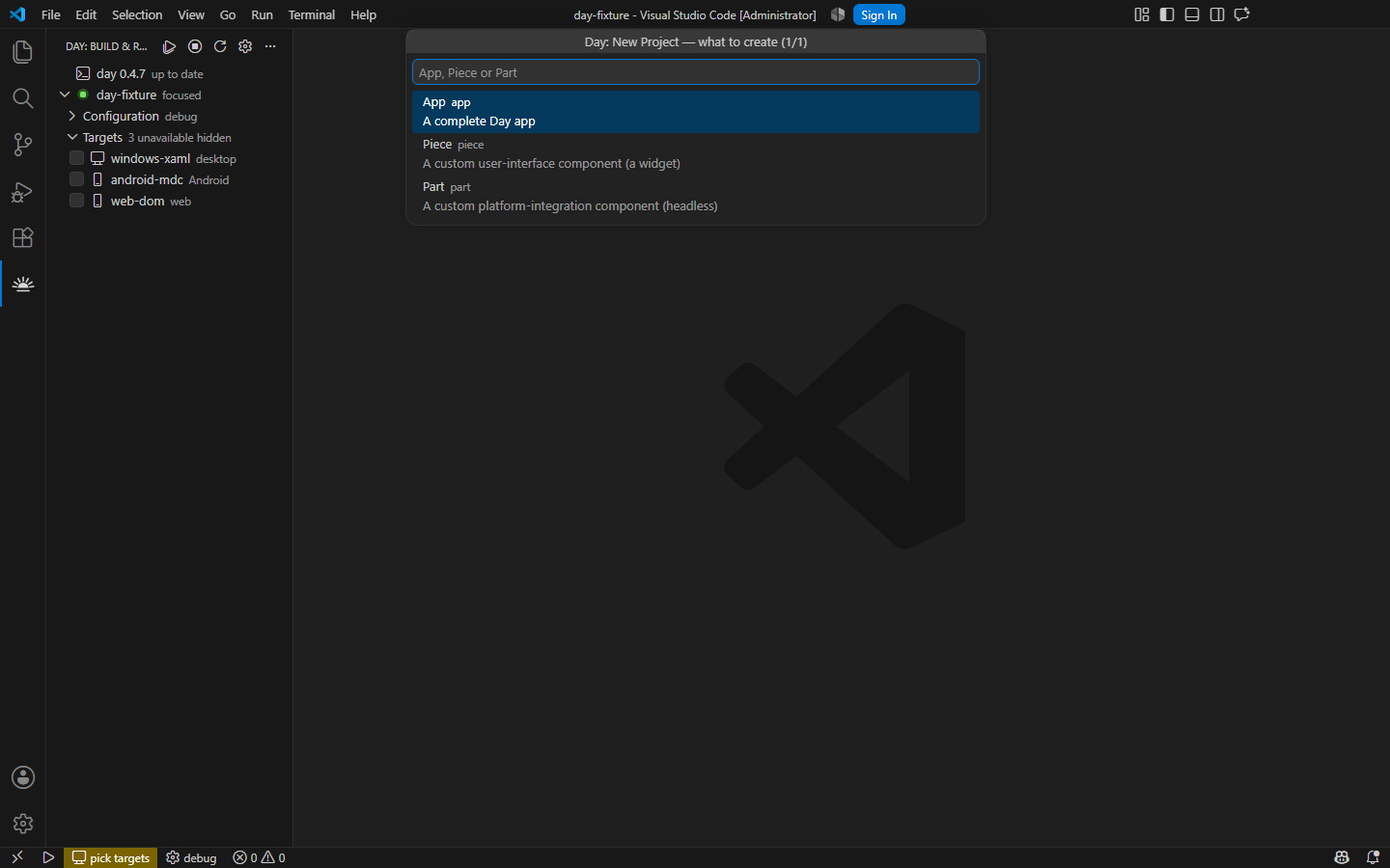 New Project: an app, a piece, or a part — Windows, XAML