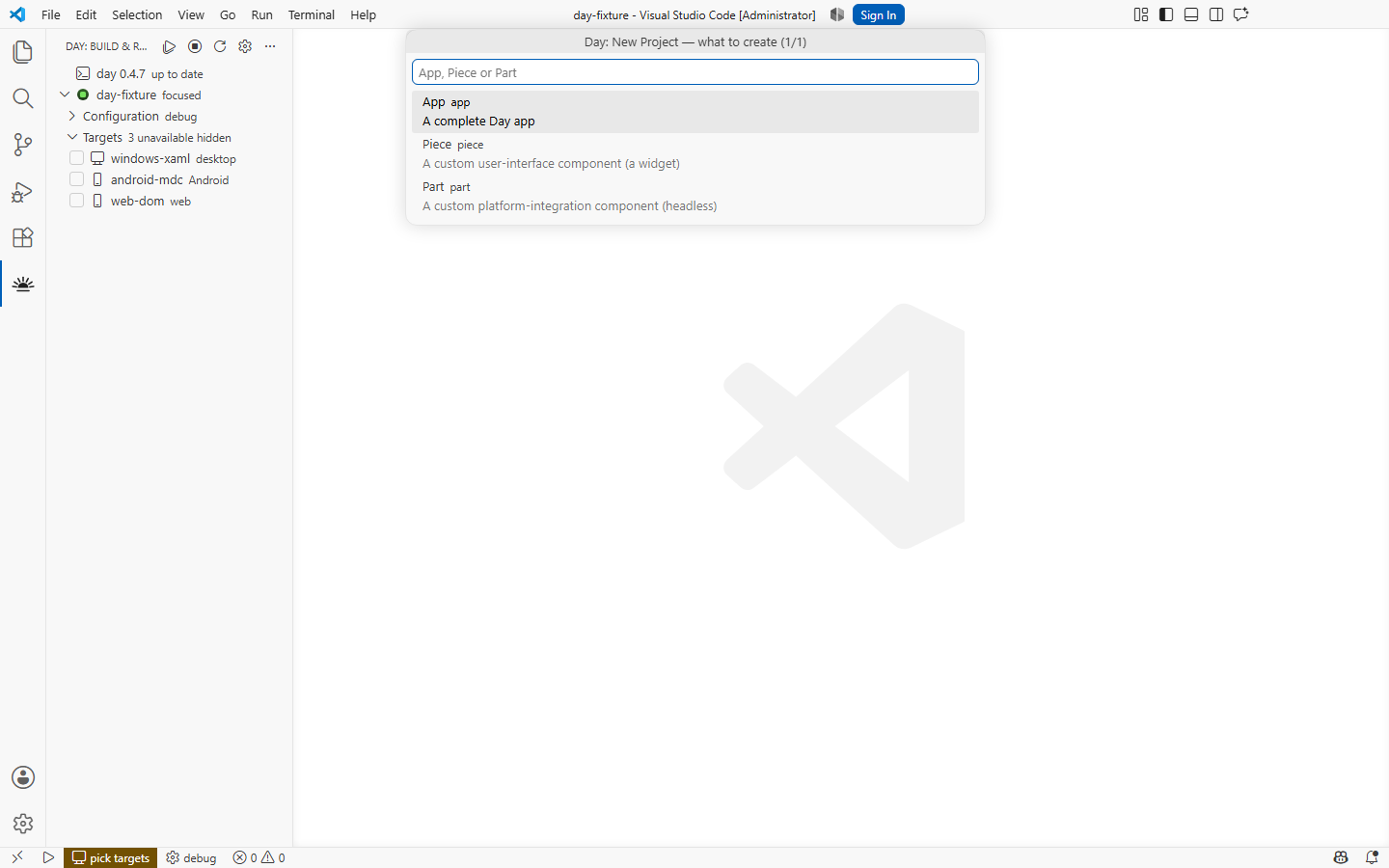 New Project: an app, a piece, or a part — Windows, XAML