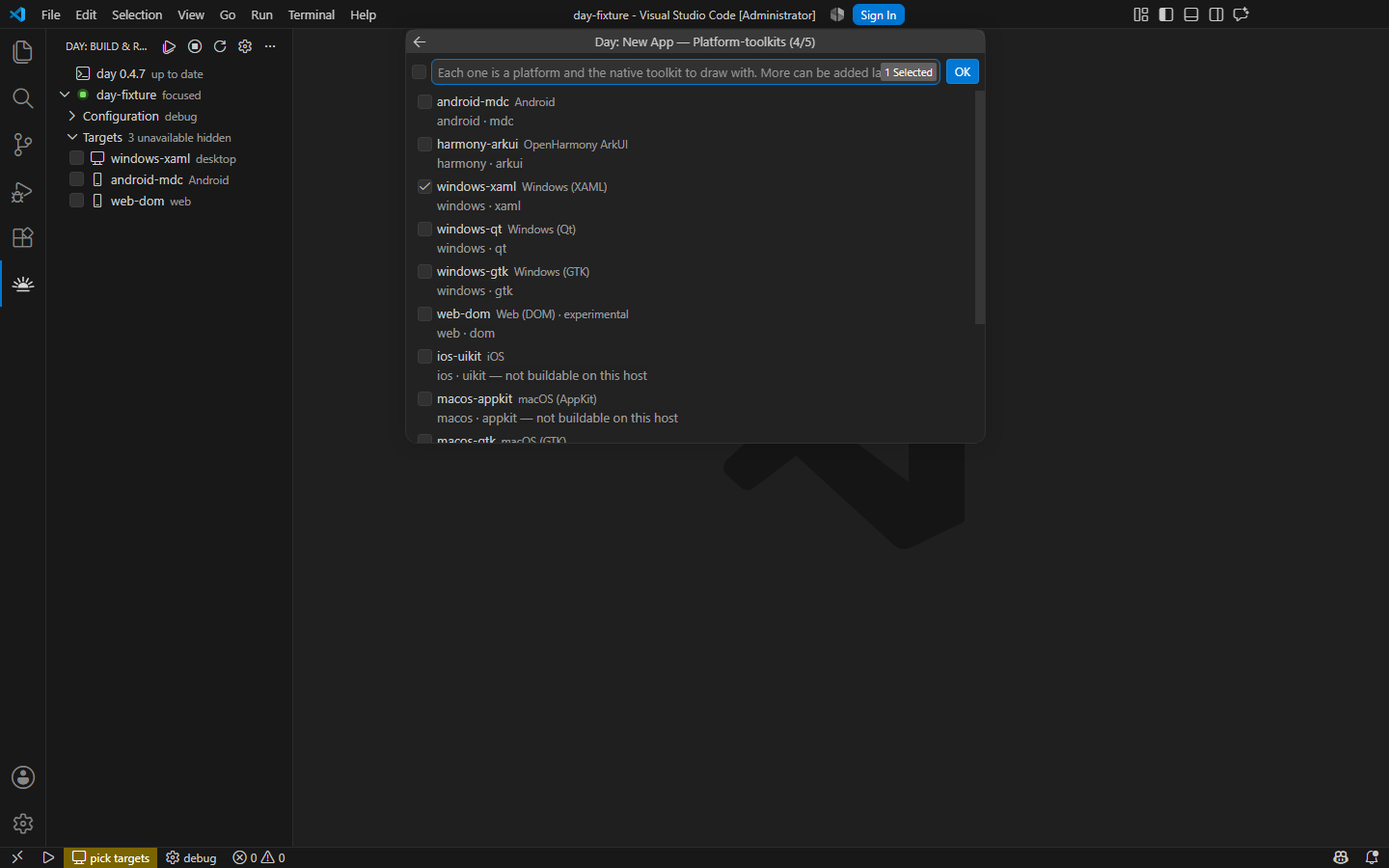 Choosing the platforms to ship on — windows-xaml is preselected as this host's own — Windows, XAML