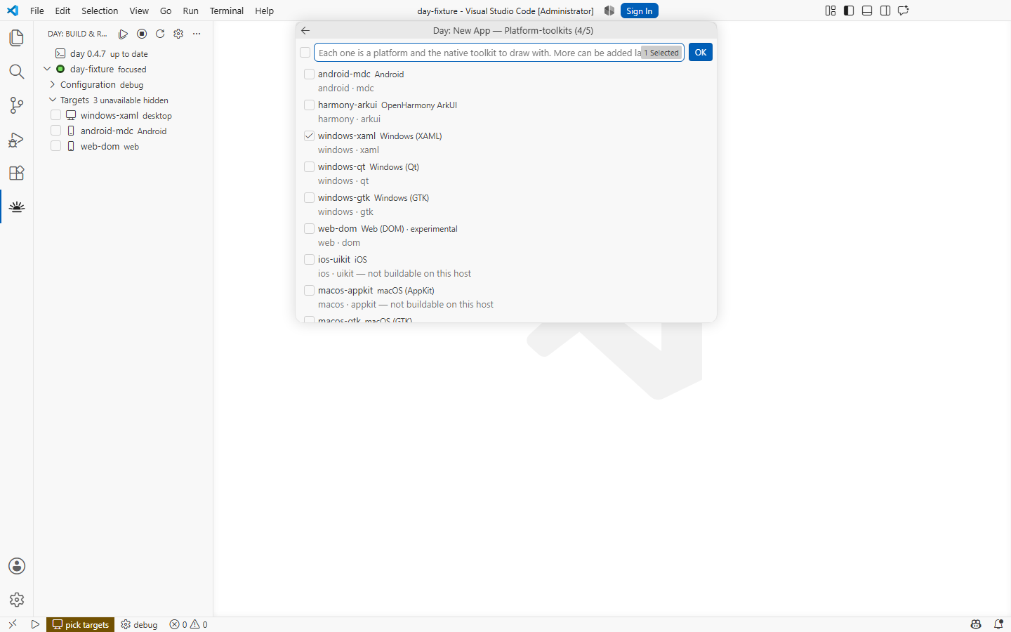 Choosing the platforms to ship on — windows-xaml is preselected as this host's own — Windows, XAML
