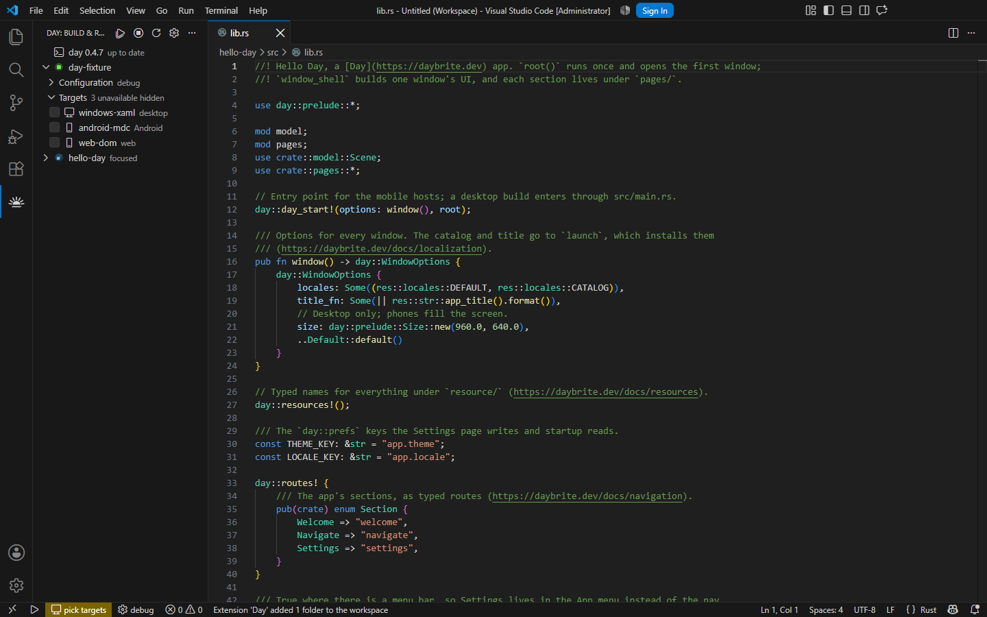 The scaffolded app open in the editor, listed in the Day view beside the one already there — Windows, XAML