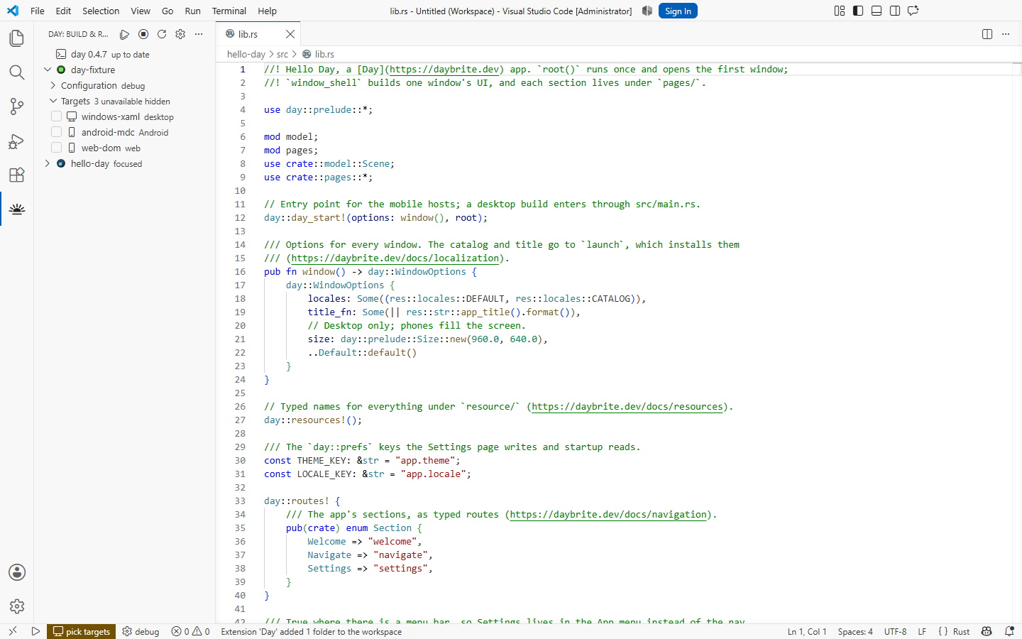 The scaffolded app open in the editor, listed in the Day view beside the one already there — Windows, XAML