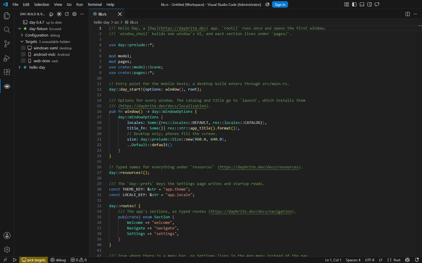 The Day view: project, build mode, and every target in Day.toml — Windows, XAML