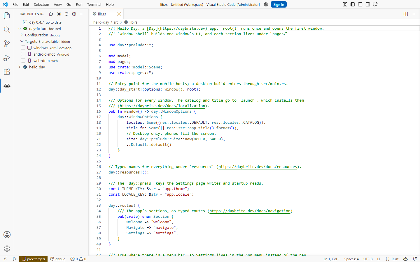 The Day view: project, build mode, and every target in Day.toml — Windows, XAML