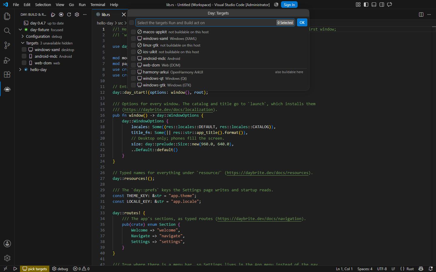 Picking which targets Run and Build act on — Windows, XAML