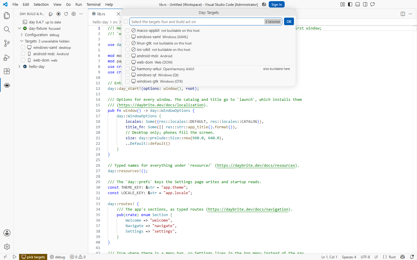 Picking which targets Run and Build act on — Windows, XAML