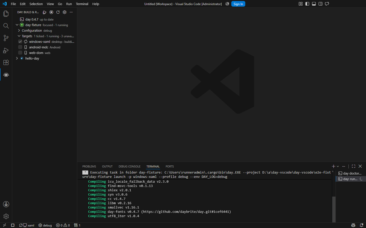 windows-xaml running: the cockpit tracks the live process — Windows, XAML