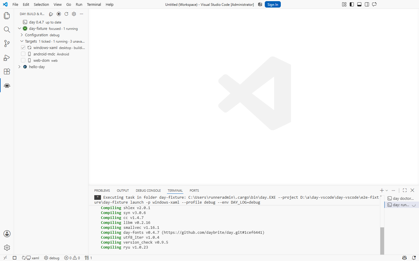 windows-xaml running: the cockpit tracks the live process — Windows, XAML