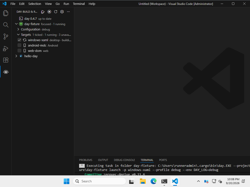 The Day app running beside the editor that launched it (windows-xaml) — Windows, XAML